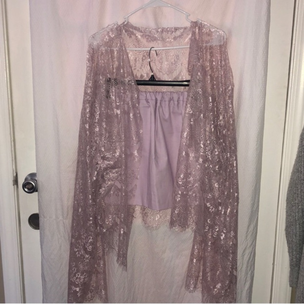 Sheer Side Shiny Lace and Cotton Plus Size Lavender Cardigan & Skirt XXL 47-52”